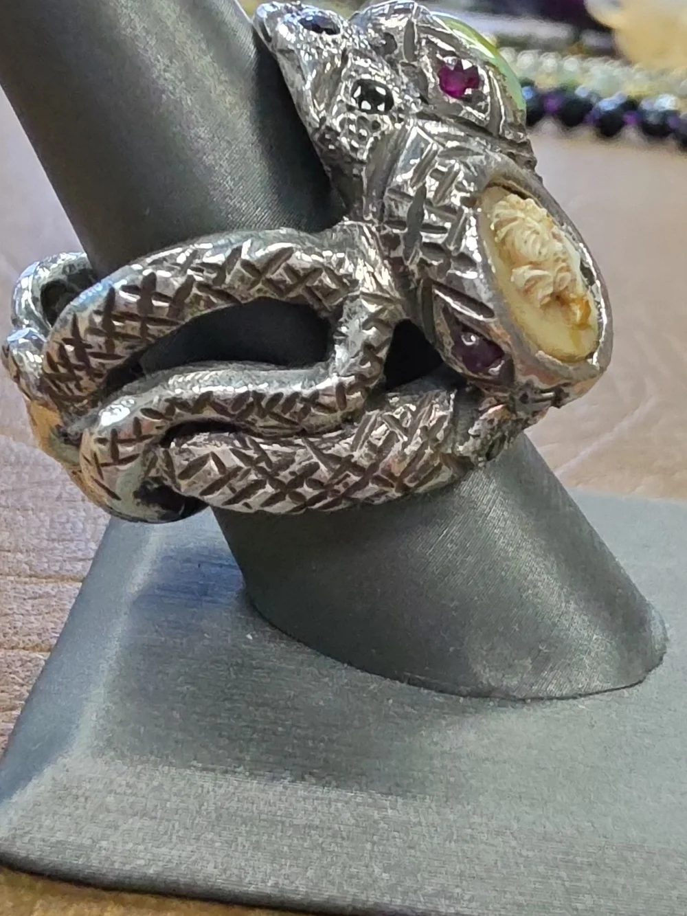 Sterling Silver Opal & Cameo Double-Headed Serpent Ring - Green Accents